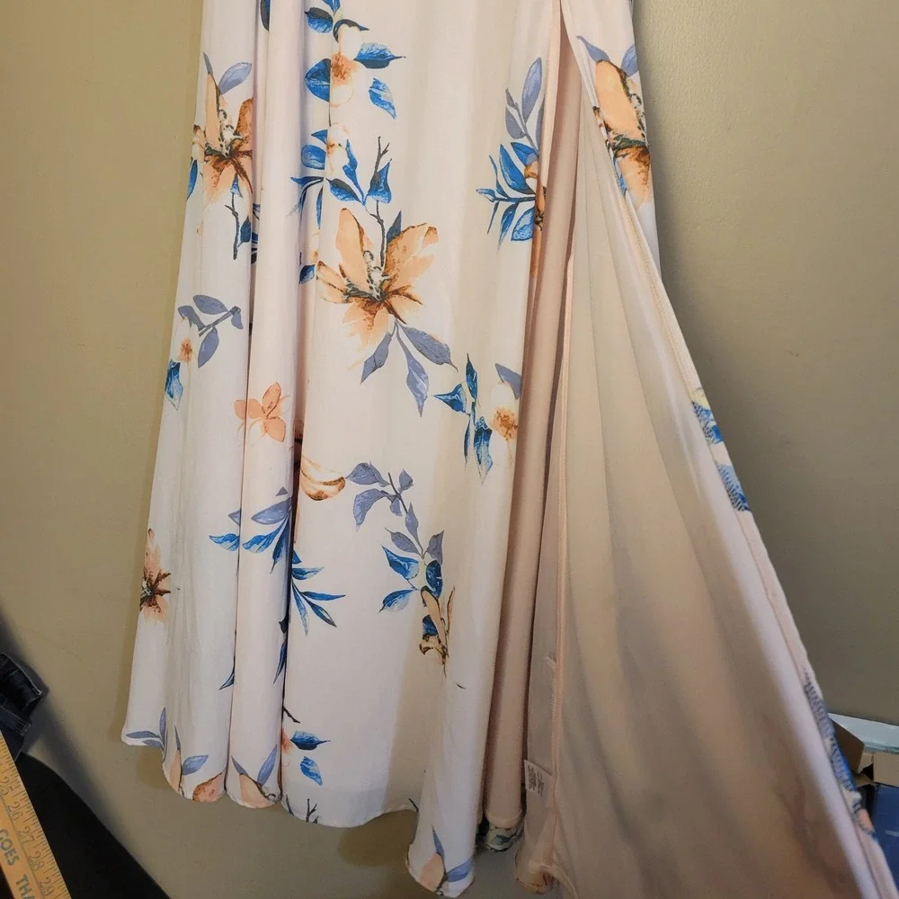 Lulus Women's S Floral Maxi Skirt Blush Blue High Slit Lined Wedding Guest